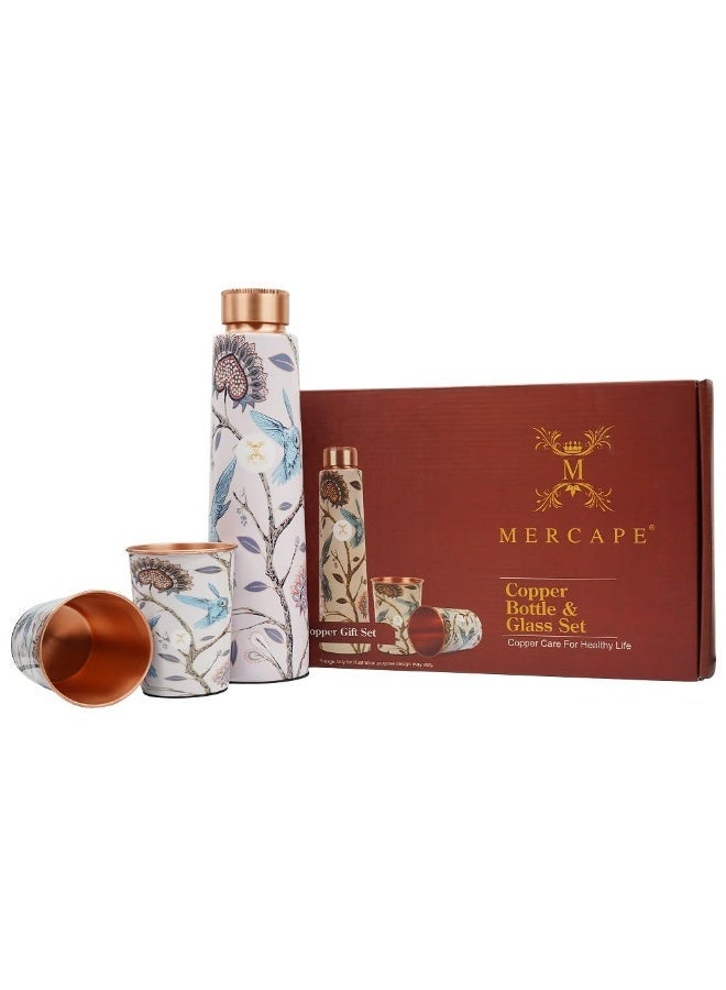 MERCAPE® Pure Copper Water Bottle & Glass Set –  Ayurvedic Health Drinking Bottle, Leak Proof Premium Printed Design Copper Drinkware Gift Set for Men & Women – 900ml + 2x 300ml - Image 1
